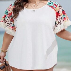 SHEIN White Tee with Colorful Floral Raglan Sleeves and Fringe
